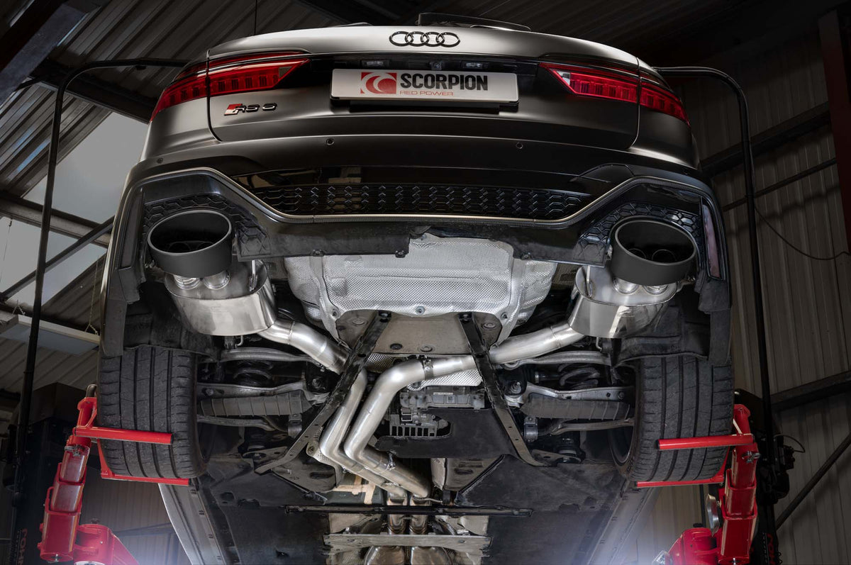 Scorpion Audi RS6 C8 and RS7 C8 half exhaust system with polished metal pipes and dual outlet tips.