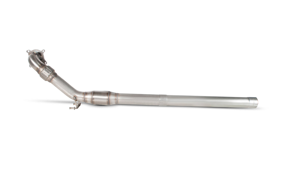 Scorpion Volkswagen Golf MK5 GTI Edition 30/35 sports cat downpipe with high flow sports catalyst, showcasing polished metal and branding