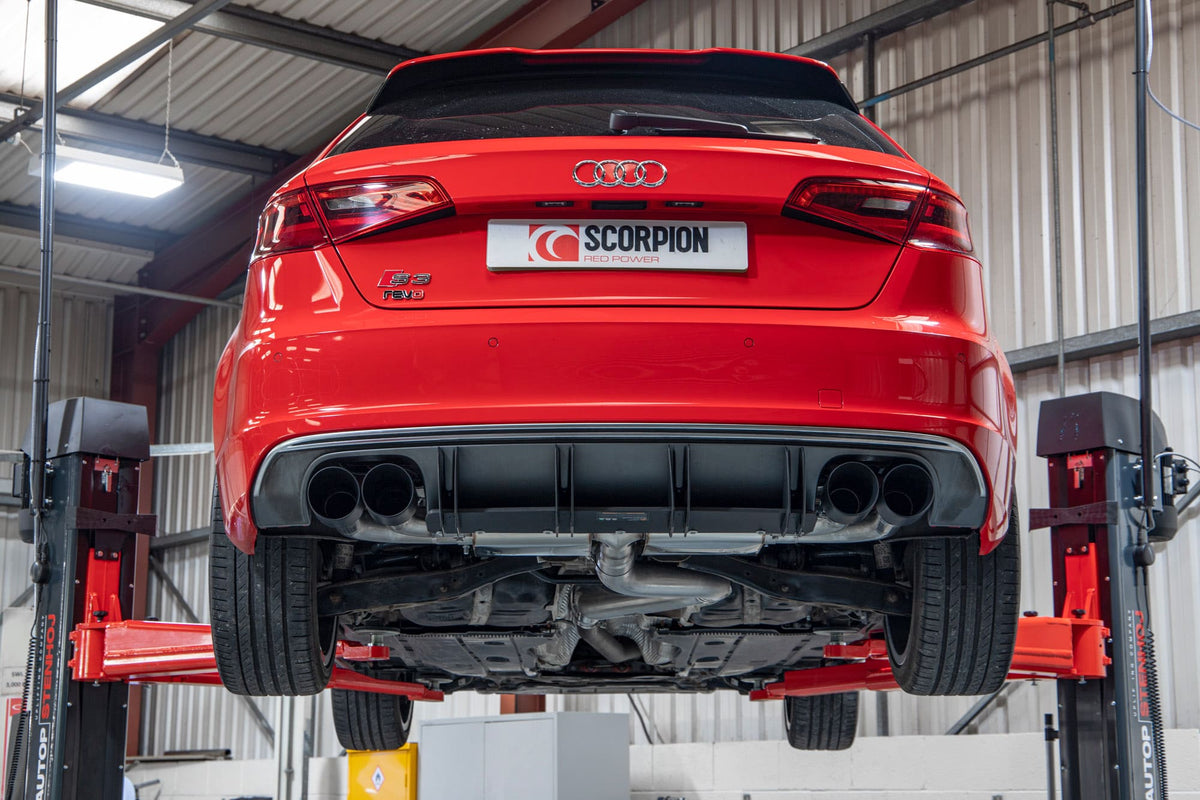 Scorpion Audi S3 8V GPF-Back Exhaust System without valves, showing stainless steel pipes and muffler components.