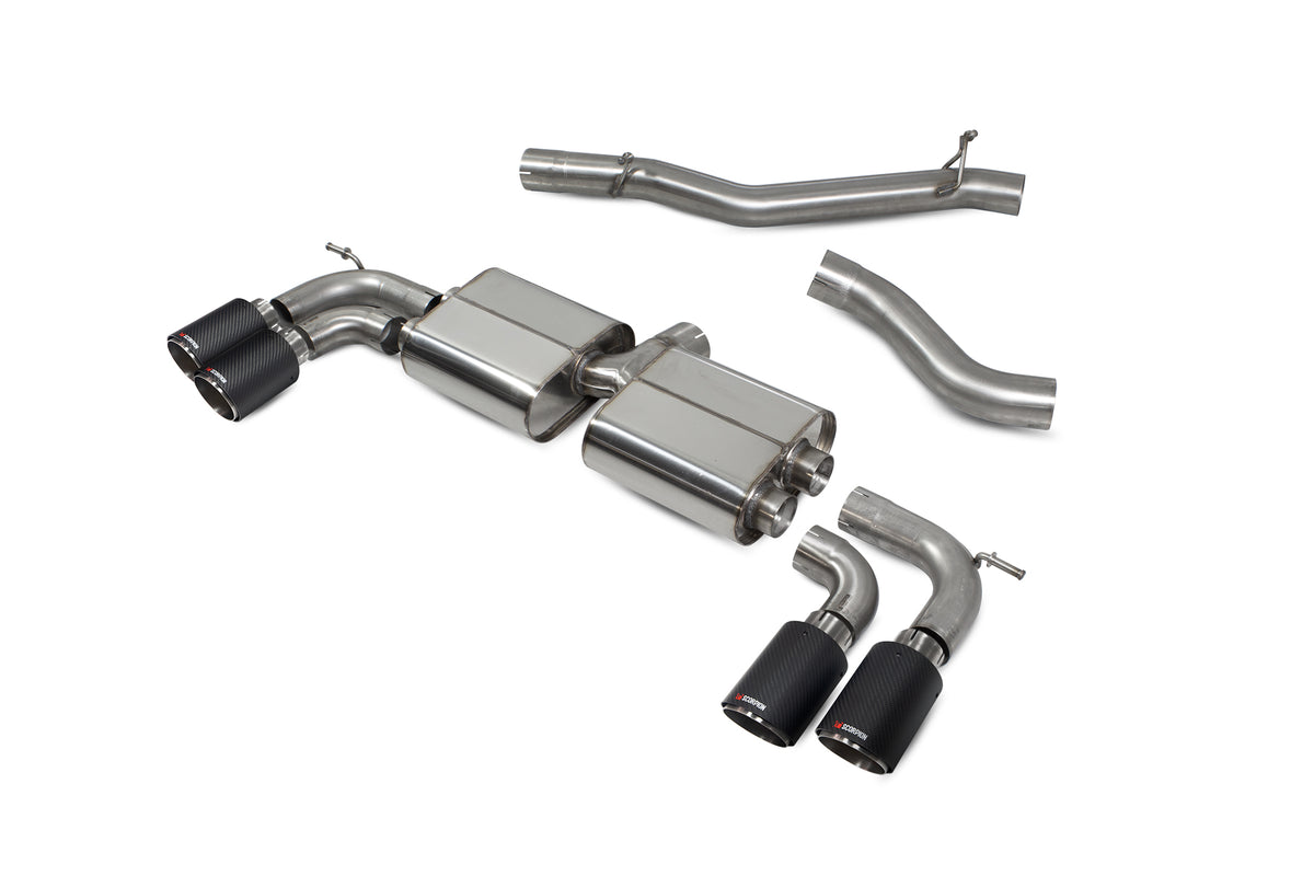 Scorpion Exhausts GPF-Back exhaust system for Audi S3 8V 3-Door Sportback, non-resonated, without valves, showing polished metal pipes