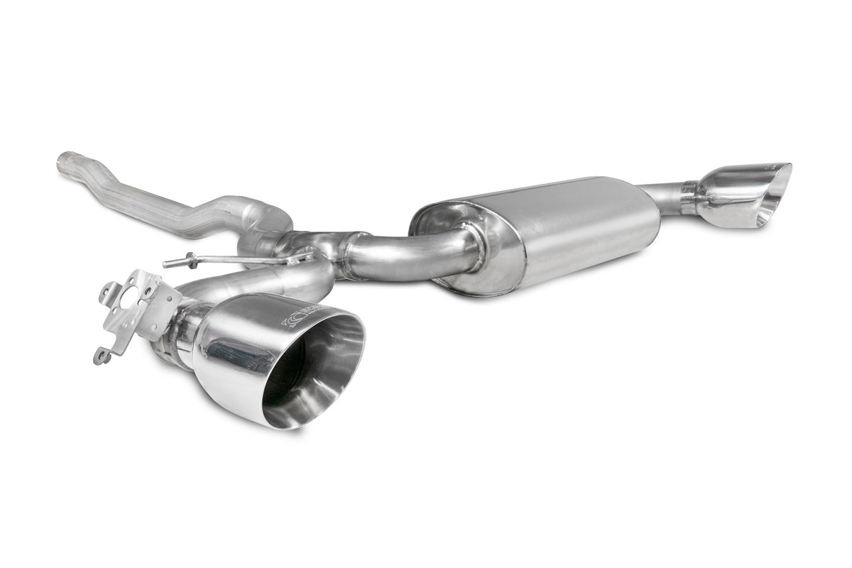 Scorpion BMW 128ti F40 GPF-Back Exhaust System with electronic valve, showing polished metal exhaust pipes and dual tail tips.