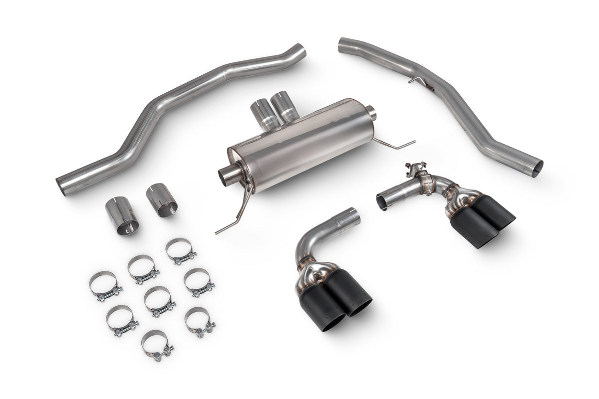 Scorpion BMW G20 G21 M340i xDrive half exhaust system with electronic valve, showcasing polished metal pipes and exhaust tips.