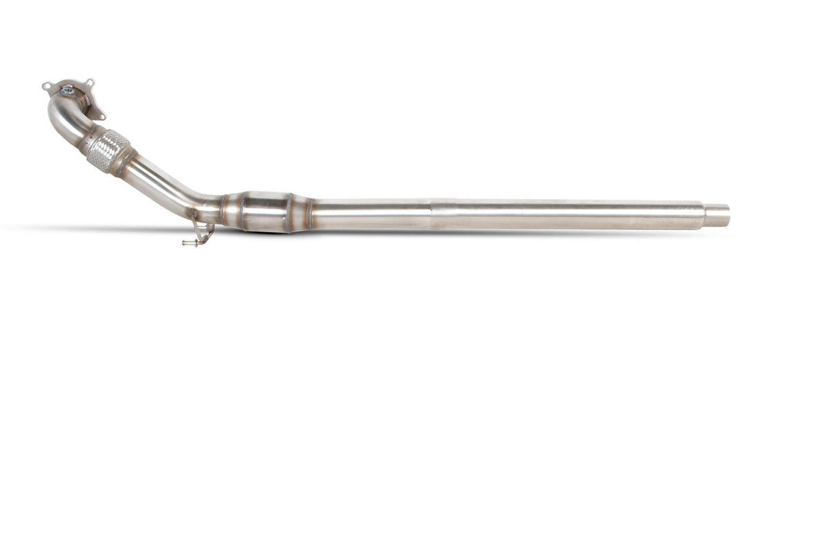 Scorpion Volkswagen Golf Mk6 GTI 2.0 TSI sports cat downpipe with high flow catalyst, showing polished metal and connection points.