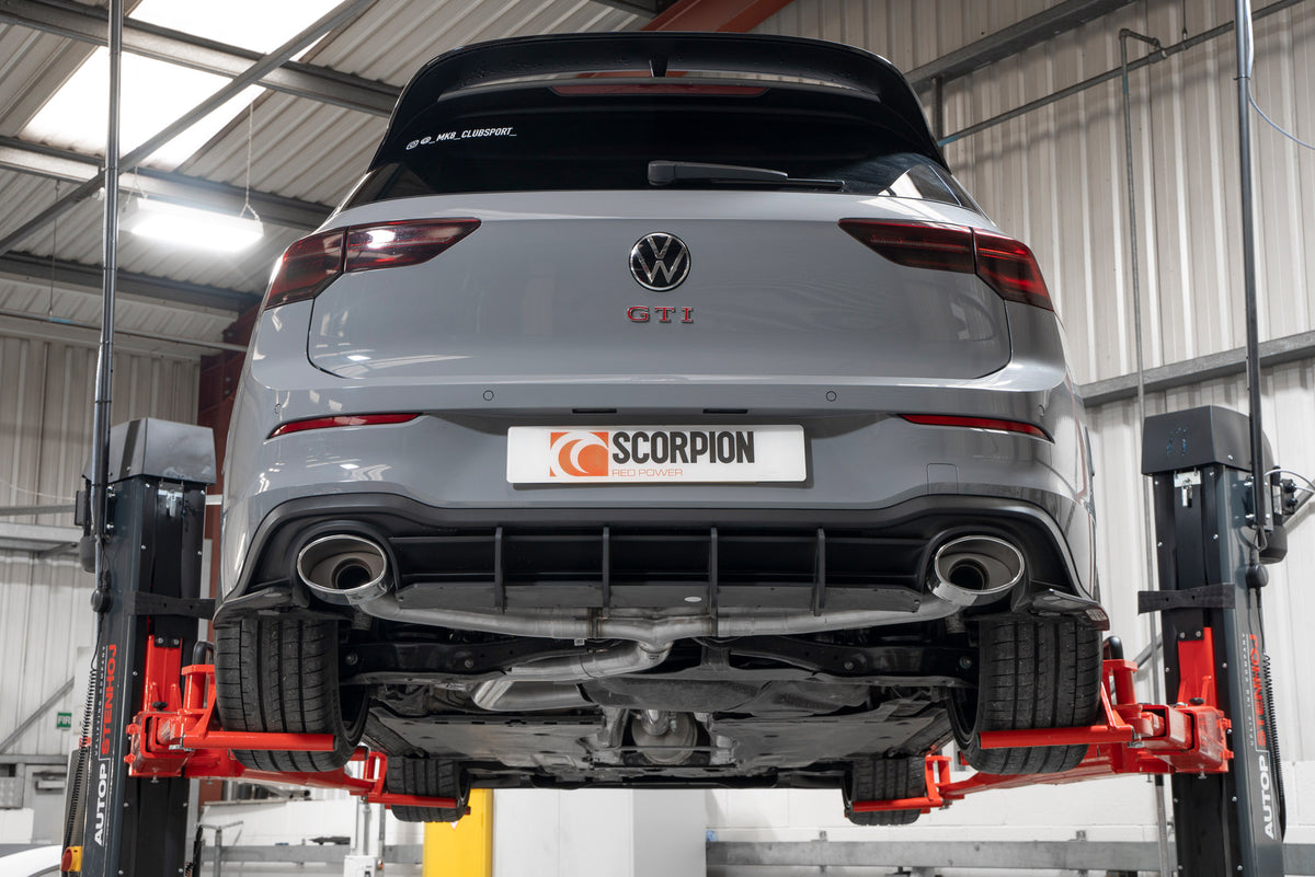 Scorpion Volkswagen Golf MK8 GTI Clubsport GPF-Back Exhaust System, non-resonated predator design, shown installed on car.