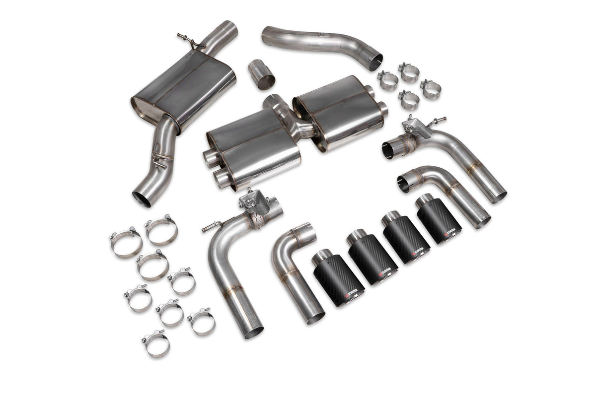 Scorpion Audi S3 8V saloon GPF-back exhaust system with resonated cat and valves, featuring polished metal pipes and dual tips.