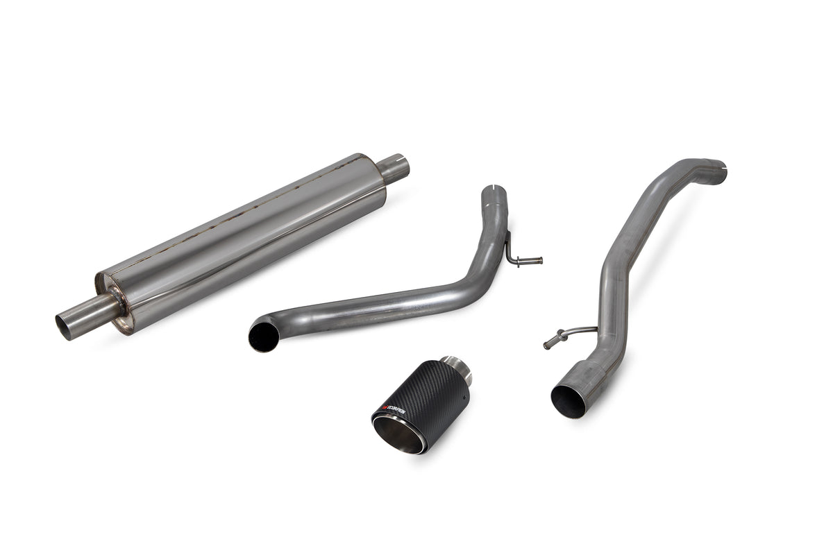 Scorpion Volkswagen UP! GTI TSI resonated cat-back exhaust system installed on a car, showcasing shiny stainless steel pipes and muffler.