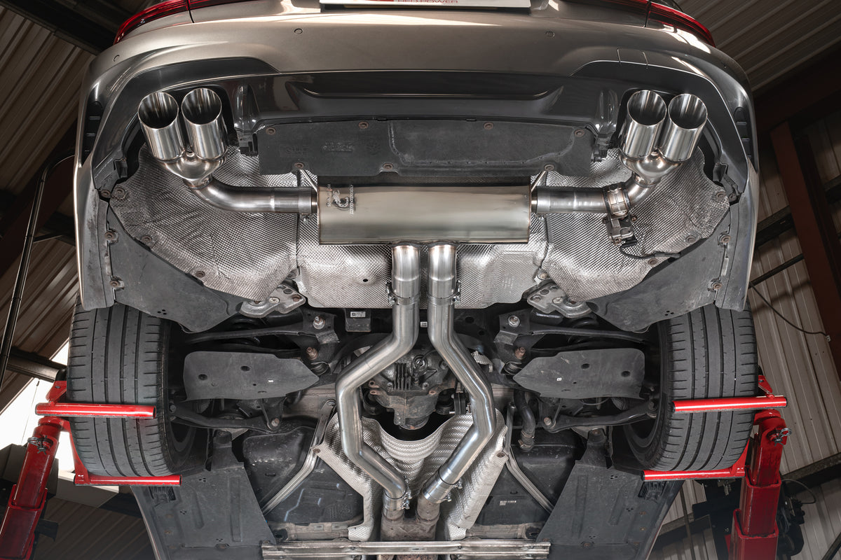 Scorpion BMW G20 G21 M340i xDrive M340i G22 half exhaust system with electronic valve, showcasing polished metal pipes and muffler.