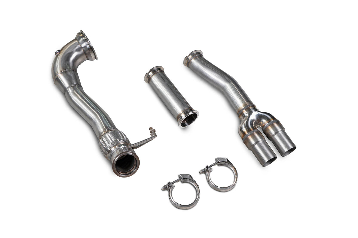 Scorpion Audi RS3 8V pre-facelift de-cat downpipe in stainless steel with polished finish, designed for performance upgrades.
