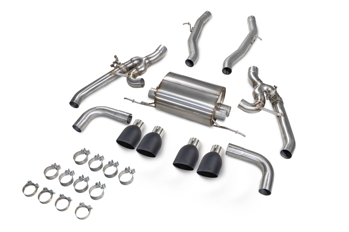 Scorpion BMW X4 M half exhaust system with valves, showing the polished metal exhaust pipes and dual tailpipes.