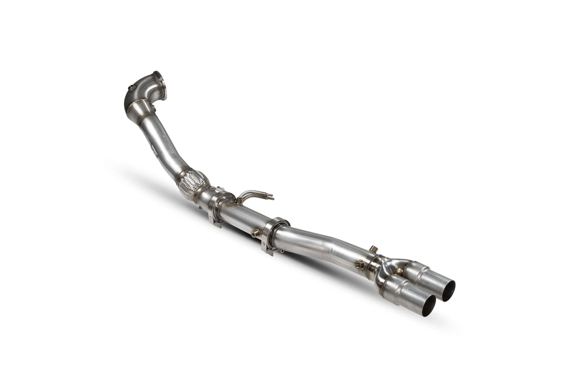 Scorpion Exhausts de-cat downpipe for Audi RS3 8V Sportback, Saloon, TTRS MK3, RS3 8Y models with GPF removal, metallic finish.