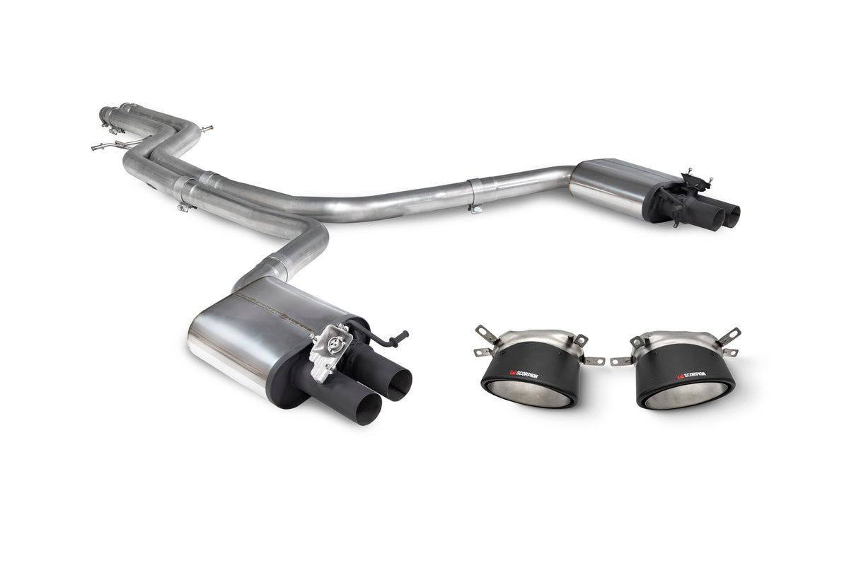 Scorpion Audi RS6 C7 Avant non-resonated tailpipe trim with dual exhaust tips and polished finish.