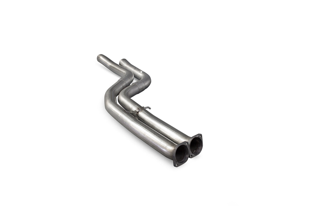 Scorpion BMW F80 M3 and F82 F83 secondary de-cat exhaust section showing stainless steel construction and precise fitting details.