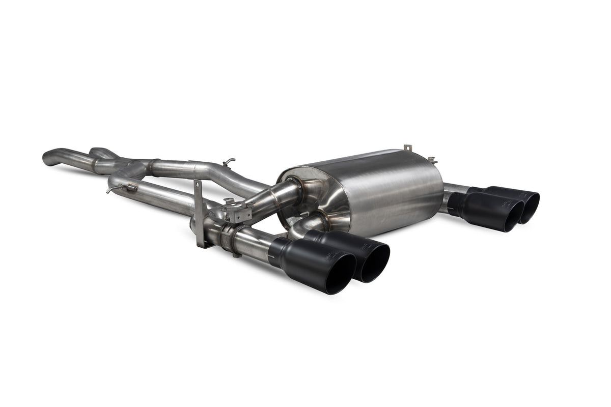 Scorpion BMW F80 M3 and F82 F83 non-resonated cat-back exhaust system with electronic valves, shown installed on a car.