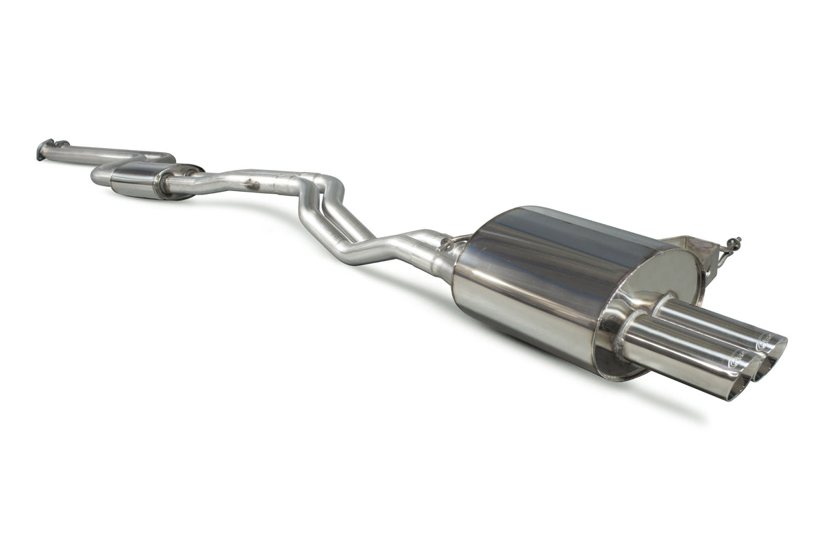 Scorpion BMW Z4 E85/E86 resonated cat-back exhaust system installed on a car, showcasing polished stainless steel mufflers and pipes.