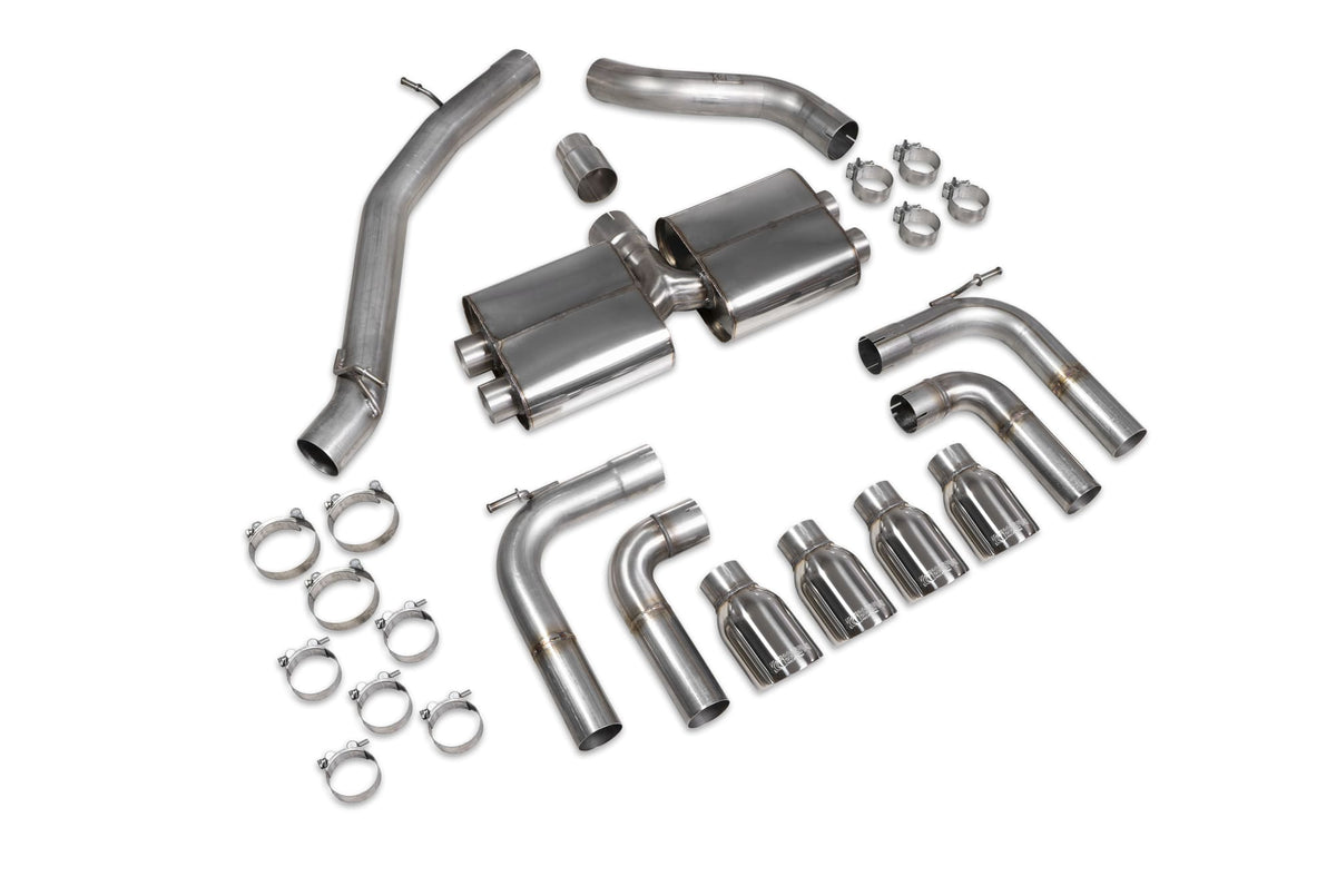 Scorpion Audi S3 8V saloon GPF-back exhaust system without valves, showing polished metal pipes and muffler components.