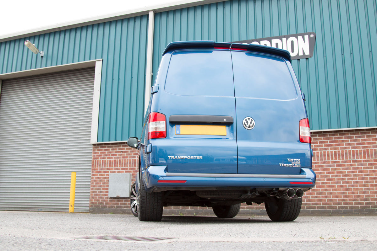 Scorpion Volkswagen Transporter T5 T6 DPF-Back Exhaust System in stainless steel, showing the full exhaust pipe layout.