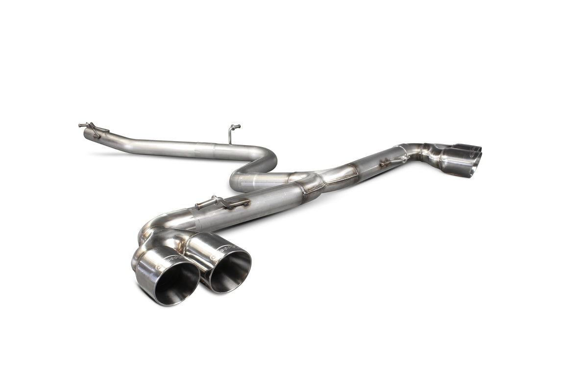 Scorpion Audi TT Mk2 2.0 TDI Quattro cat-back exhaust system in polished stainless steel, with visible muffler and piping details.