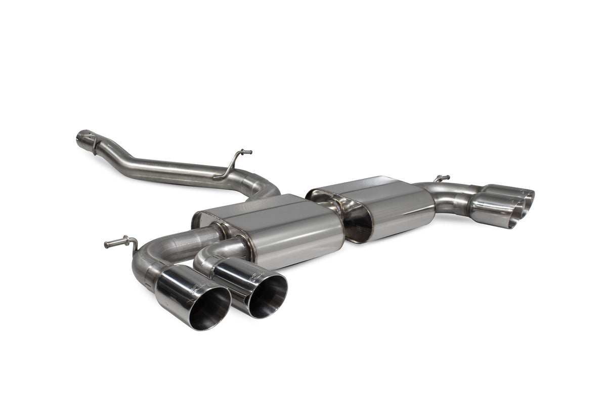 Scorpion Audi SQ2 GPF-Back Exhaust System with non-resonated, non-valved design, featuring polished metal pipes and exhaust tips.