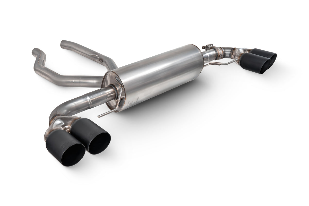 Scorpion BMW G20 G21 M340i xDrive half exhaust system with electronic valve, showcasing the sleek metal piping and muffler components.