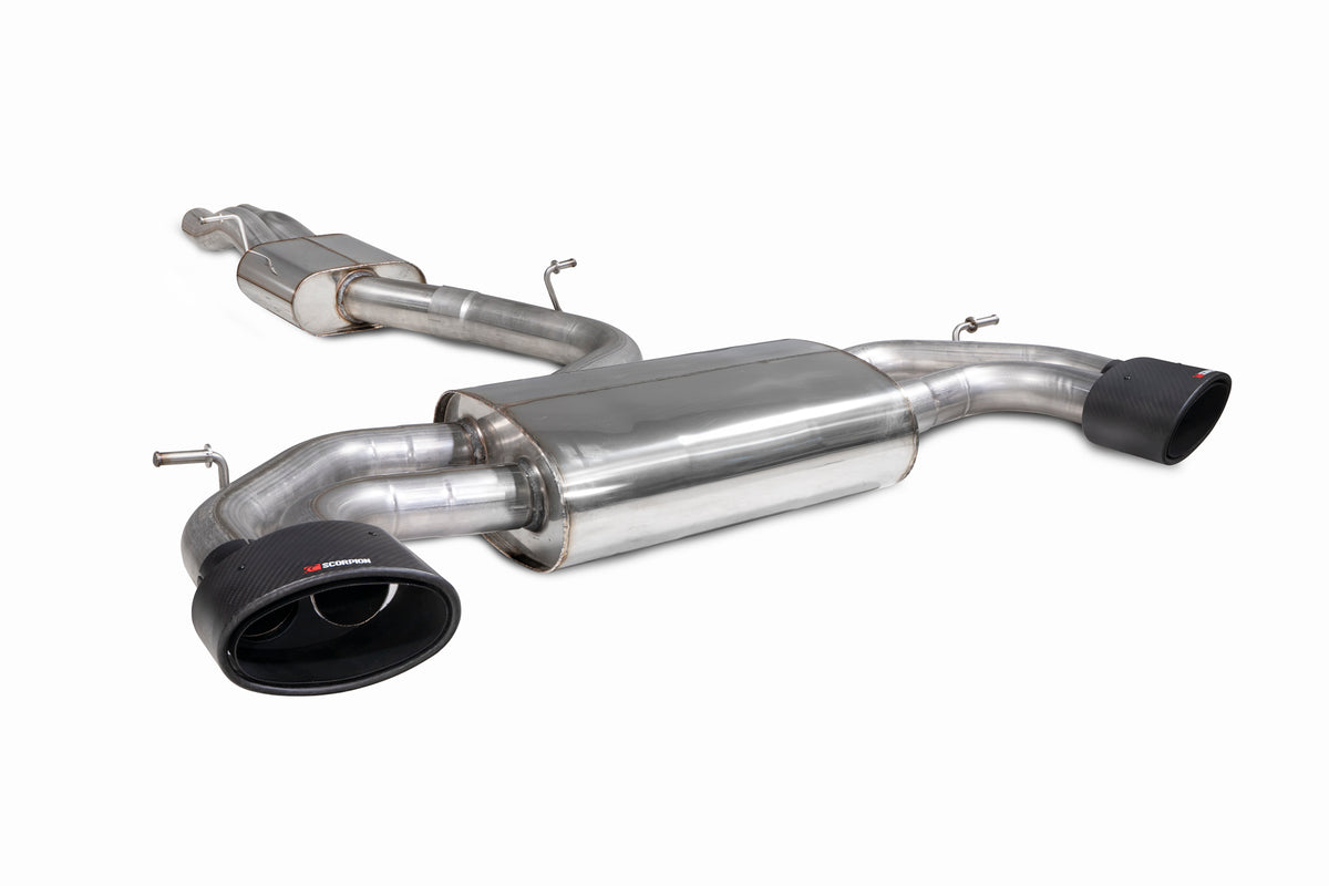 Scorpion Audi TT MK3 TT RS Coupe resonated cat-back exhaust system without valves, showcasing polished stainless steel pipes and tips.