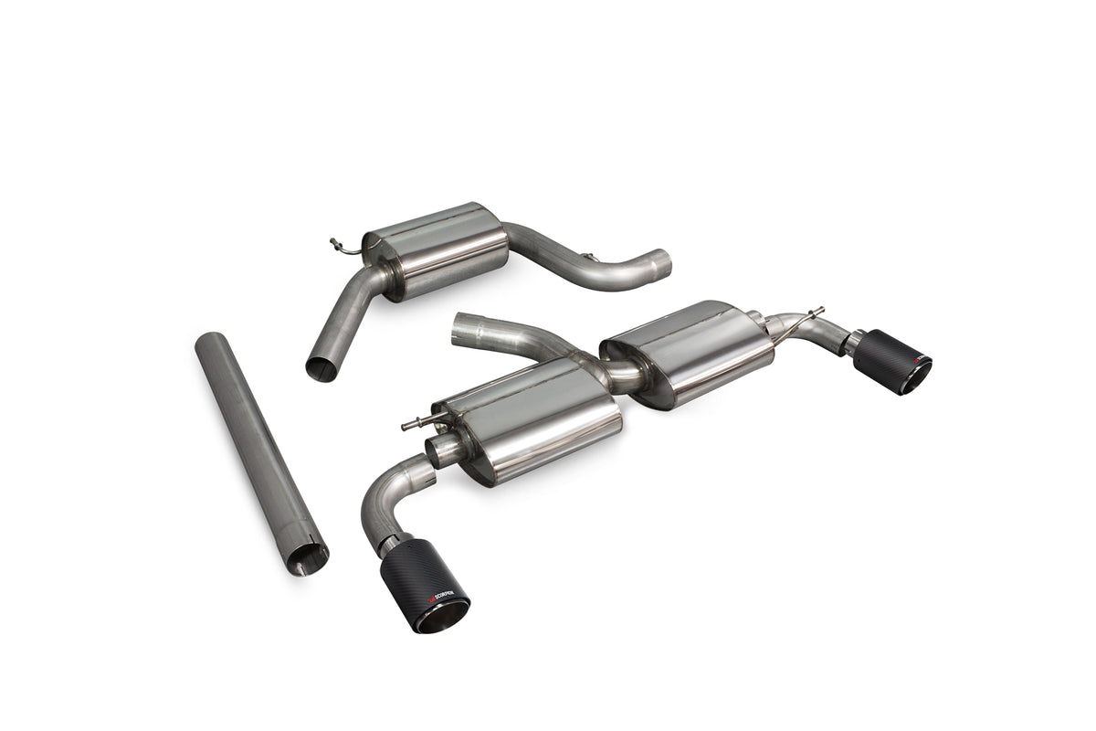 Scorpion Volkswagen Scirocco R resonated cat-back exhaust system with polished steel pipes and muffler for sporty performance.