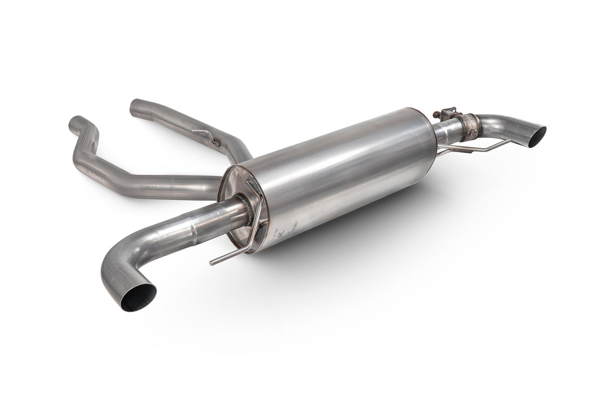 Scorpion BMW G20 G21 M340i xDrive half exhaust system with electronic valve, showcasing the polished metal and dual exhaust tips.