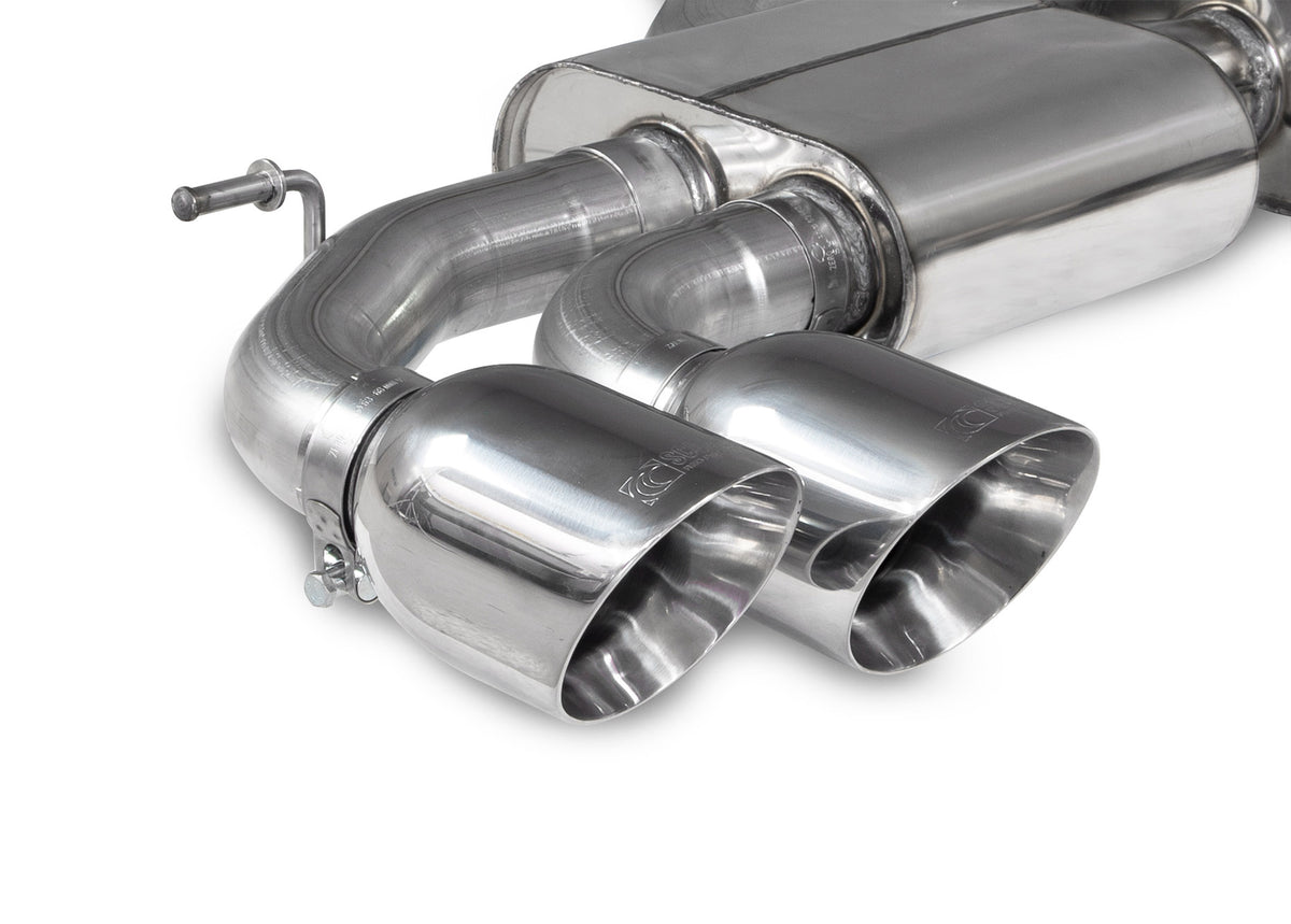 Scorpion Audi S3 8Y Sportback GPF-Back Exhaust System with resonated cat-back design, showing polished stainless steel pipes and mufflers.