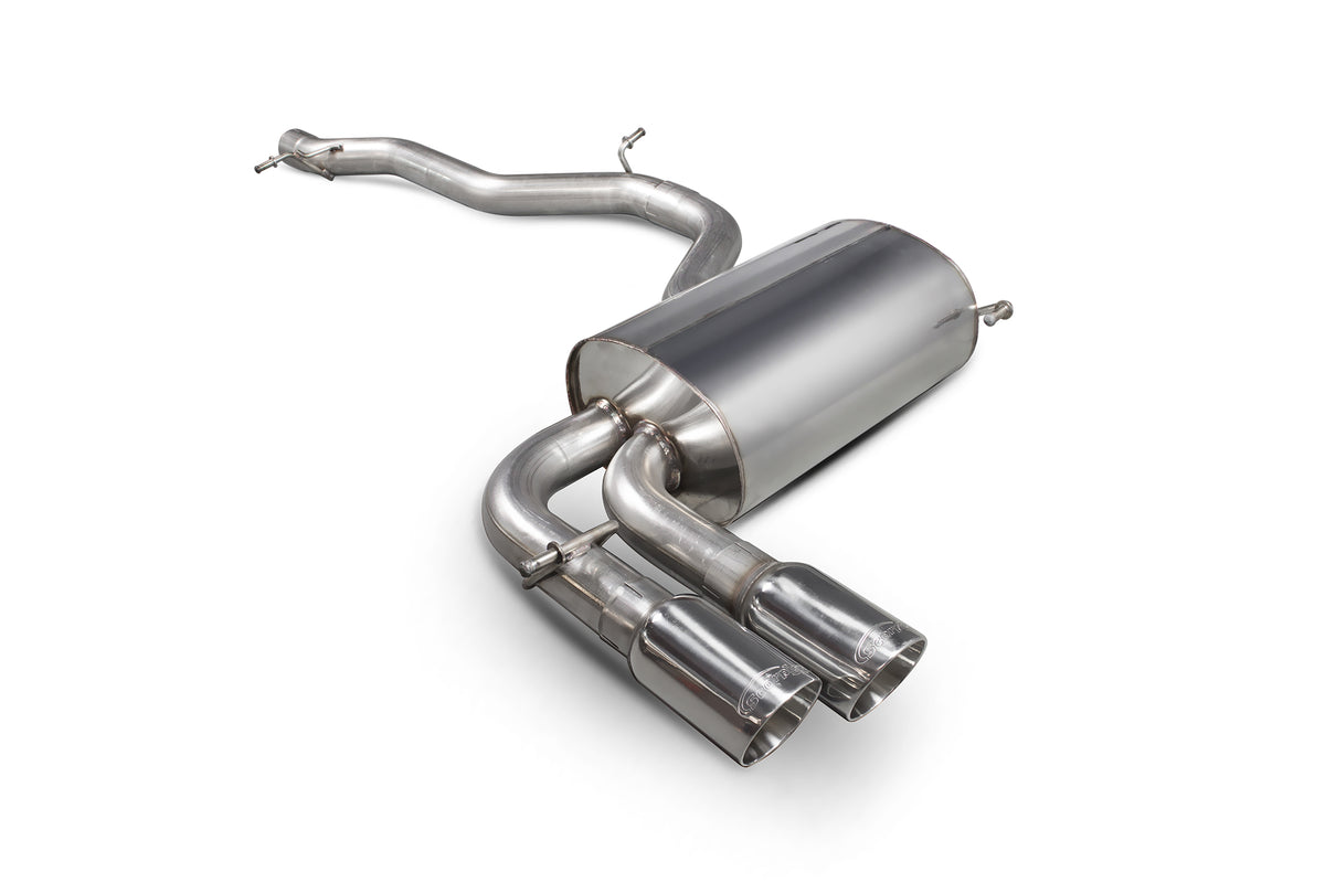 Scorpion Audi S3 8P cat-back exhaust system with dual exhaust tips, stainless steel construction, and polished finish.