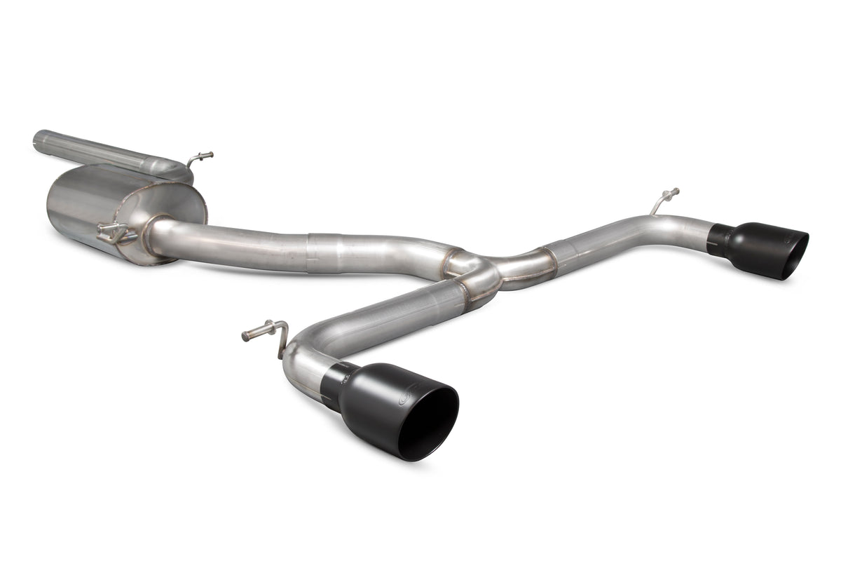 Scorpion Volkswagen Golf Mk7.5 1.5 TSI non-resonated cat-back exhaust system installed on a car, showcasing the polished stainless steel muffler.