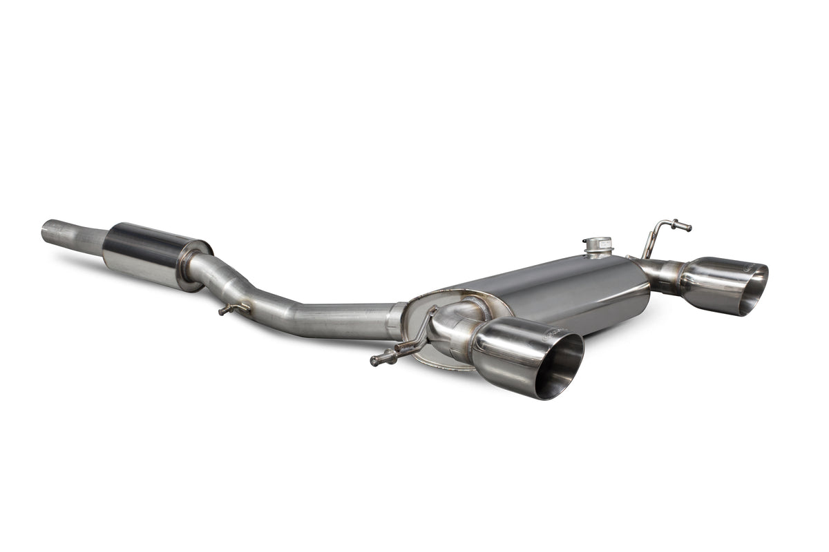 Scorpion Audi TT Mk1 Quattro 3.2 V6 cat-back exhaust system with resonated tips, showcasing polished stainless steel pipes and muffler