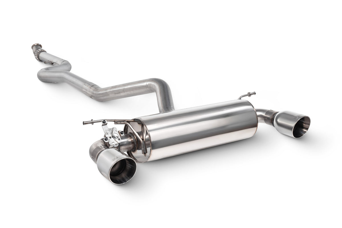 Scorpion BMW M135i F20/F21 cat-back exhaust system with xDrive, non-resonated pipes and valve, showcasing polished metal components.