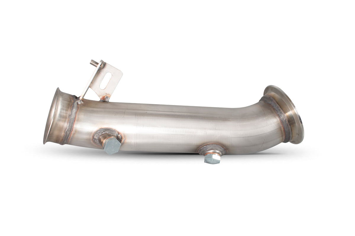 Scorpion BMW M135 F20 catalyst replacement for performance exhaust system, showing shiny metal component with mounting points.