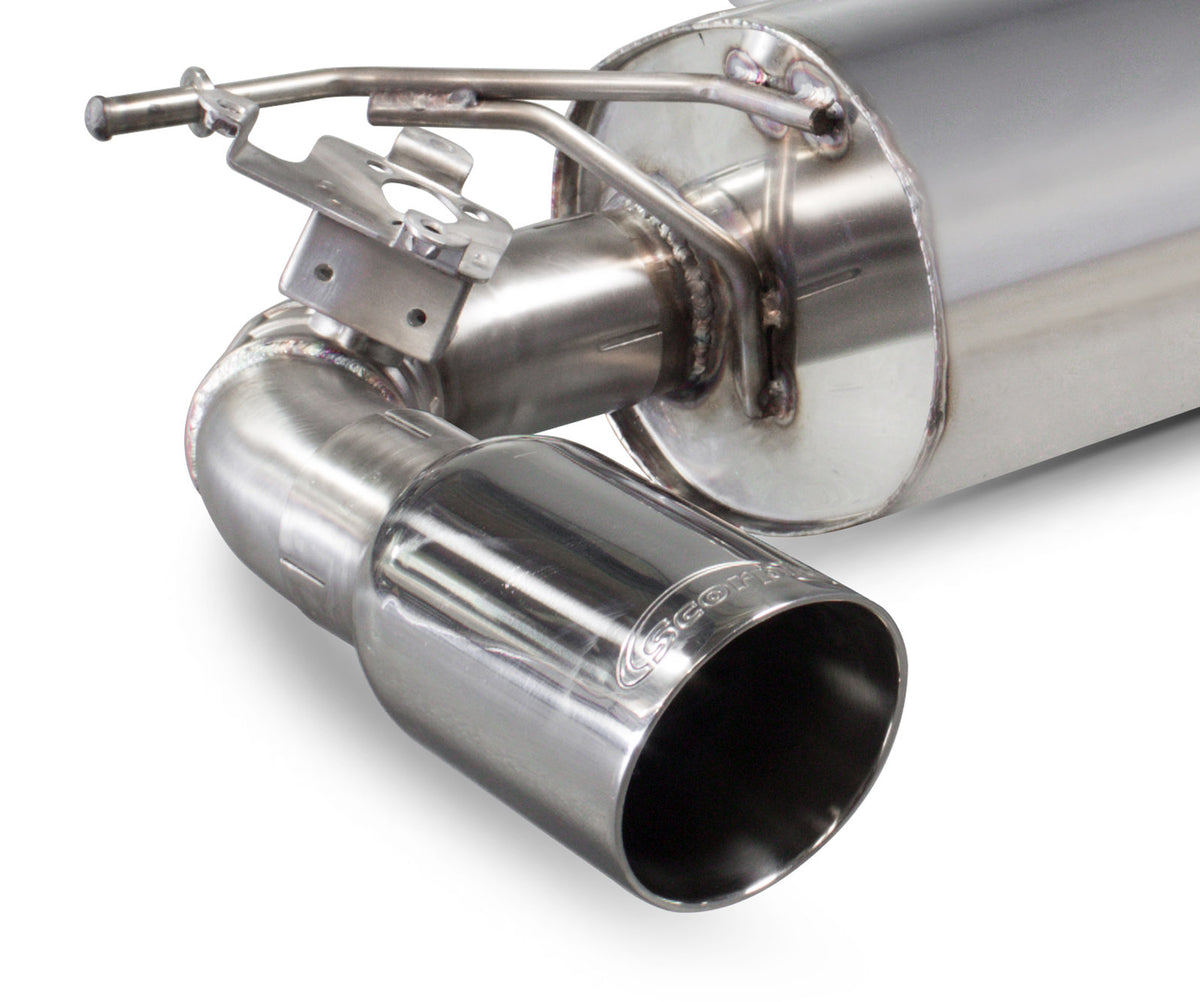 Scorpion BMW M140i F20 F21 non-GPF cat-back exhaust system with non-resonated pipes, showcasing polished stainless steel tips.