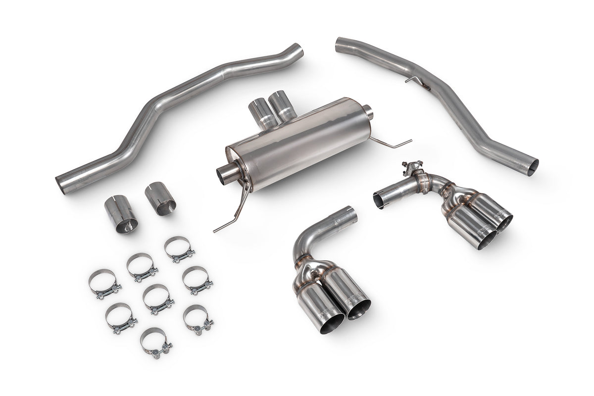 Scorpion BMW G20 G21 M340i xDrive half exhaust system with electronic valve, showcasing the sleek stainless steel design.
