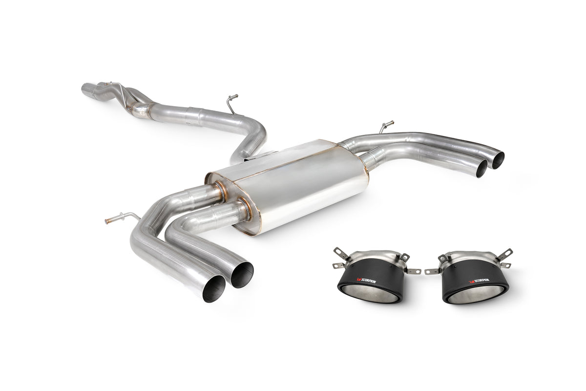 Scorpion Audi RS3 8Y GPF-Back Exhaust System without valves, non-resonated cat and GPF-back design, metallic finish with exhaust tips.