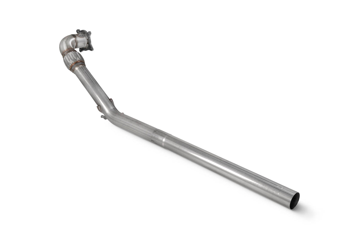 Scorpion Exhausts Audi TT MK2 TTS de-cat downpipe installed in engine bay, showcasing stainless steel construction and connection points.