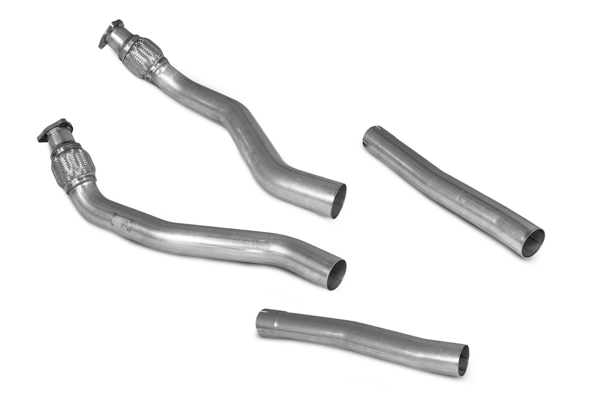 Scorpion Exhausts front resonator delete pipe installed on Audi RS6 C7 Avant, RS7 C7, S6, and S7 C7 models, showcasing the pipe.