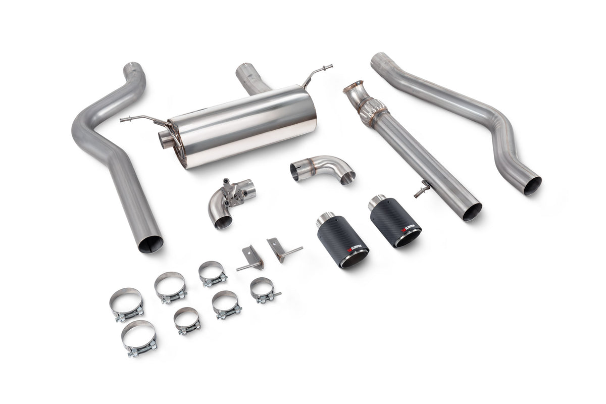 Scorpion BMW M135i F20/F21 cat-back exhaust system with xDrive, non-resonated pipes and valve, shown installed on the vehicle.