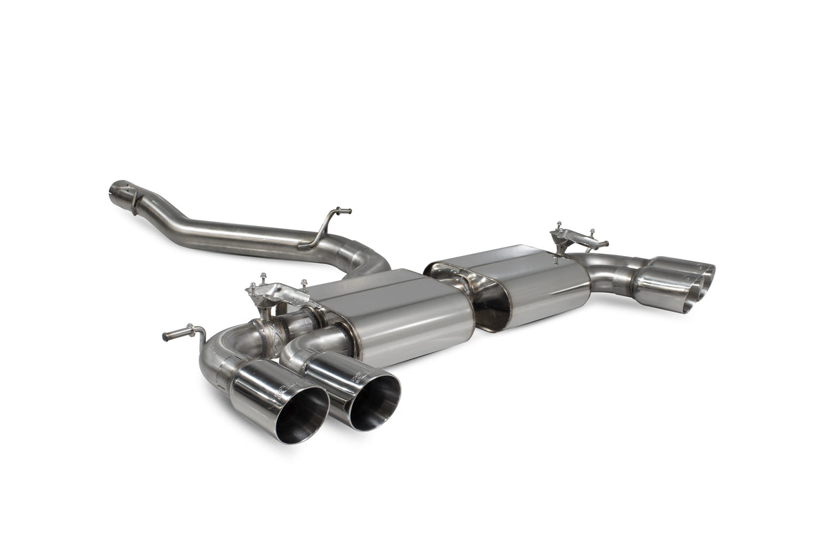 Scorpion Volkswagen Golf R MK8/8.5 GPF non-resonated cat-back exhaust system with electronic valves, featuring polished stainless steel pipes.