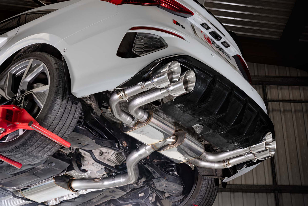Scorpion Audi S3 8Y saloon GPF-back exhaust system with resonated pipes and electronic valves, showcasing polished stainless steel components.