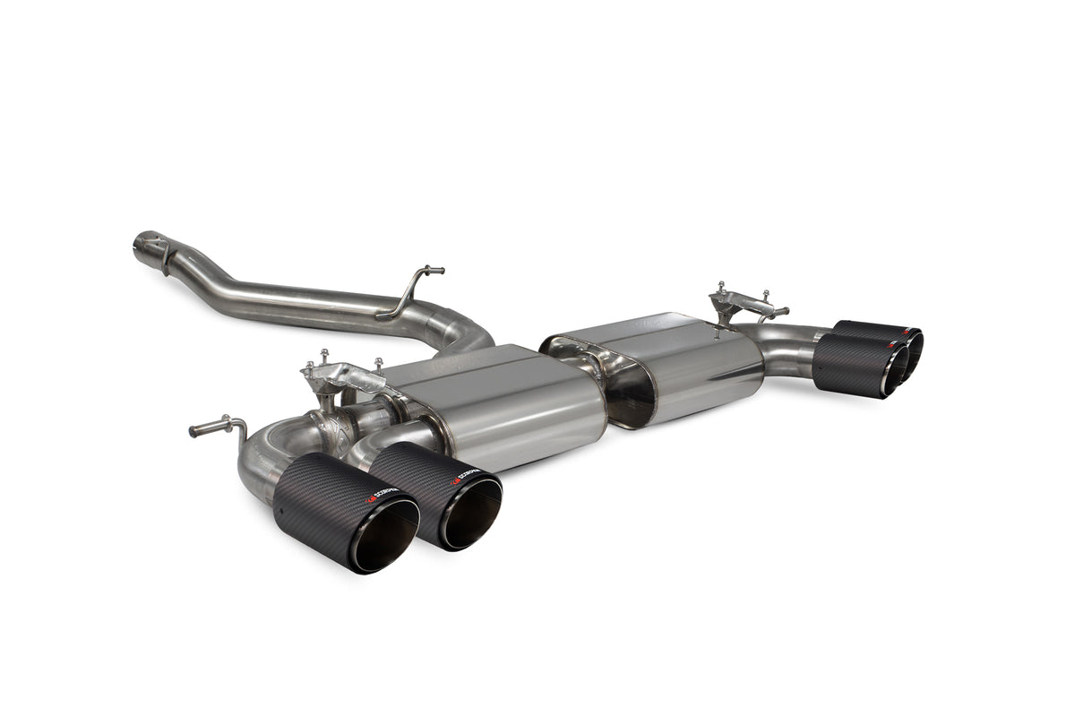 Scorpion Volkswagen Golf MK7 R cat-back exhaust system with electronic valves, non-resonated, showcasing polished metal pipes and valves.