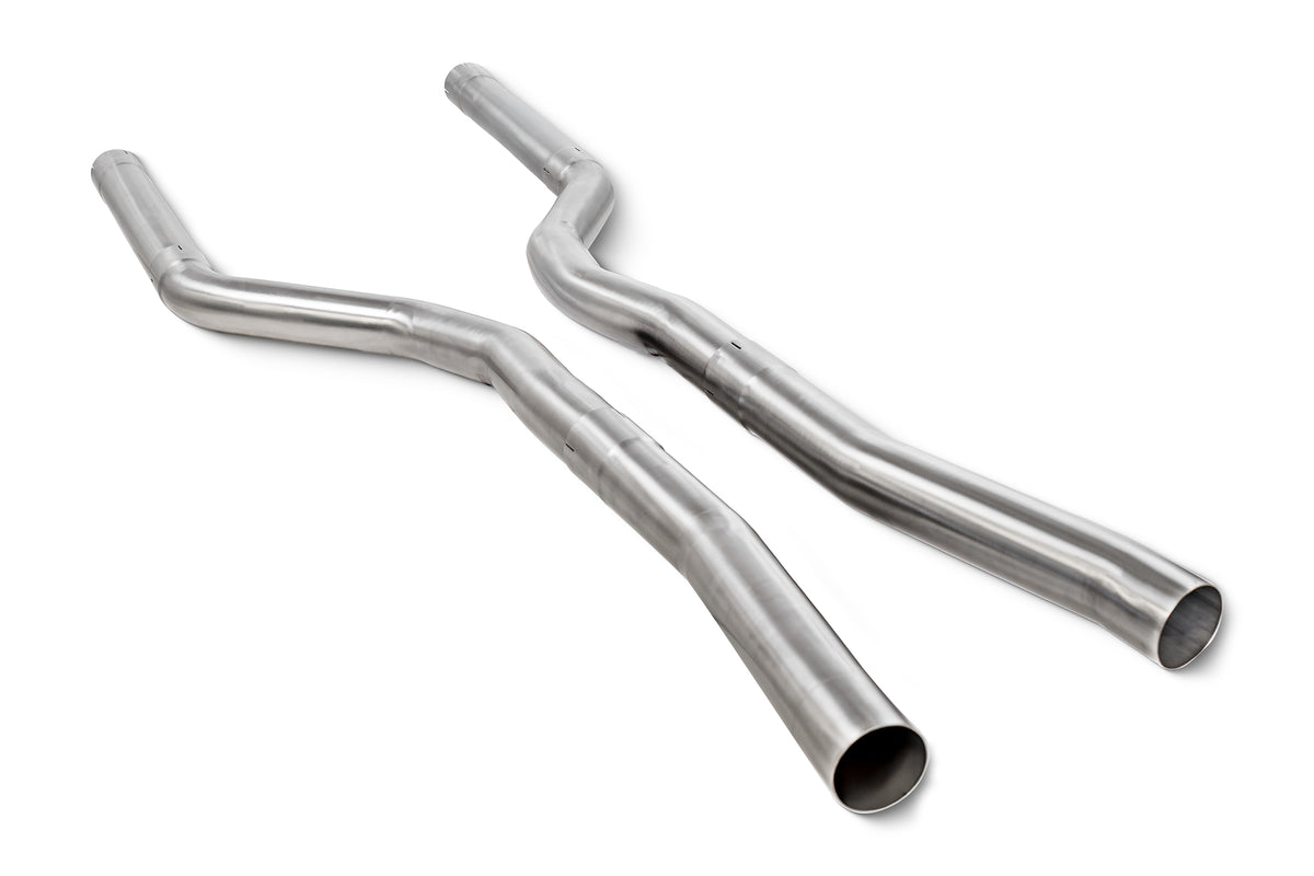 Scorpion BMW F90 M5 GPF delete resonator pipe, pre and post LCI, showing polished stainless steel exhaust component.