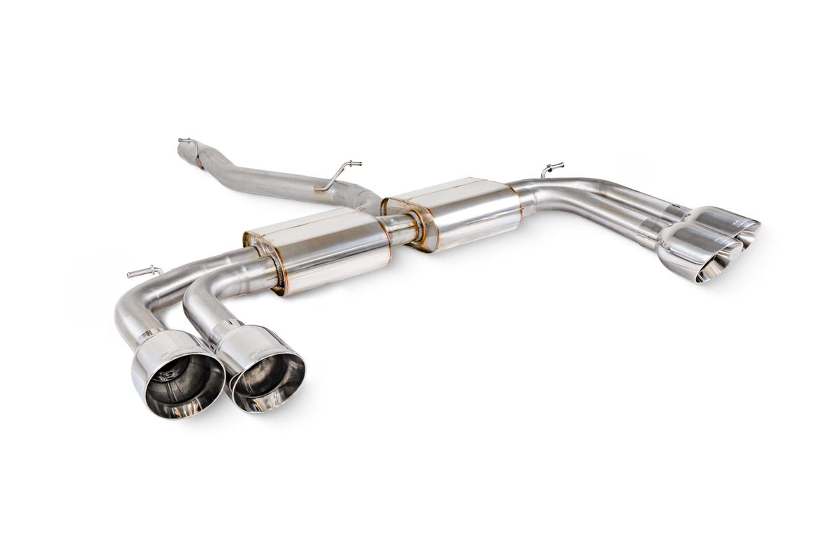 Scorpion Audi S3 8Y saloon GPF-back exhaust system with polished stainless steel pipes and dual exhaust tips.