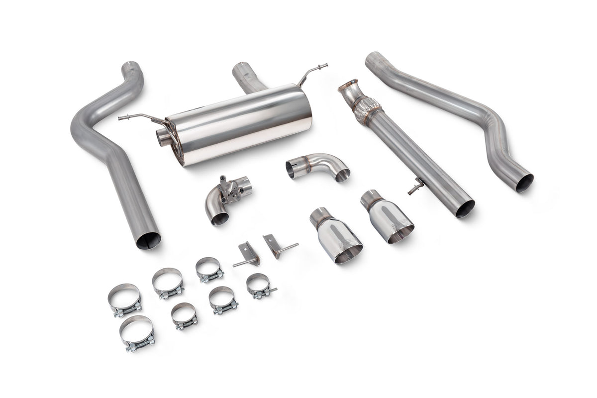 Scorpion BMW M135i F20/F21 cat-back exhaust system with xDrive non-resonated system and valves, featuring polished stainless steel tips.