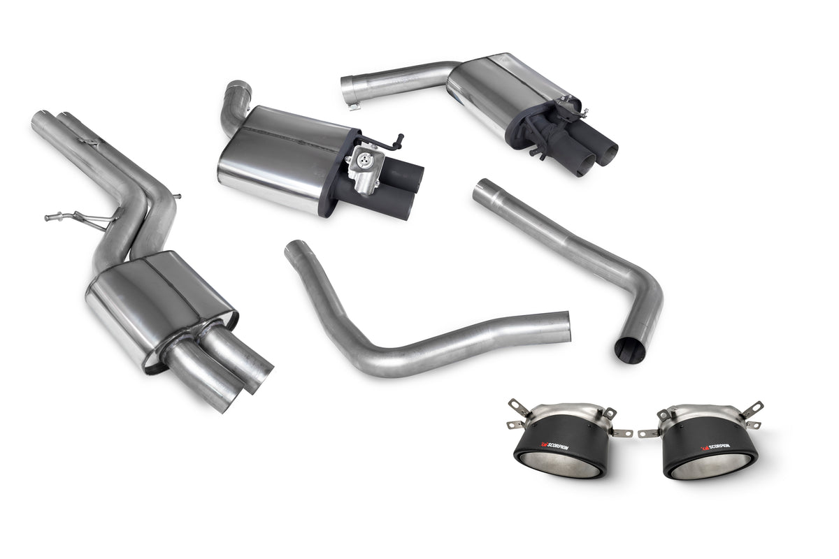 Scorpion Exhausts Audi RS7 C7 resonated tailpipe trim with polished finish and integrated trims, designed for sporty exhaust appearance.