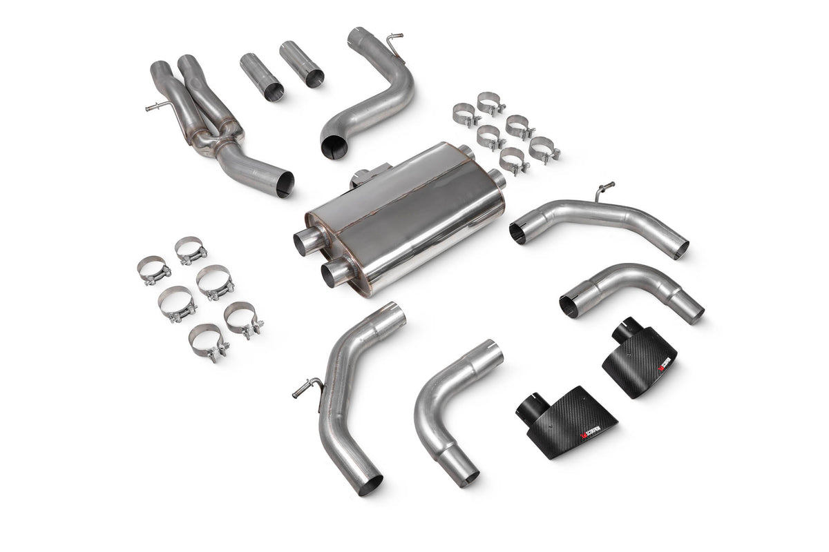 Scorpion Audi RS3 8V pre-facelift non-resonated cat-back exhaust system without valves, shown in polished stainless steel.