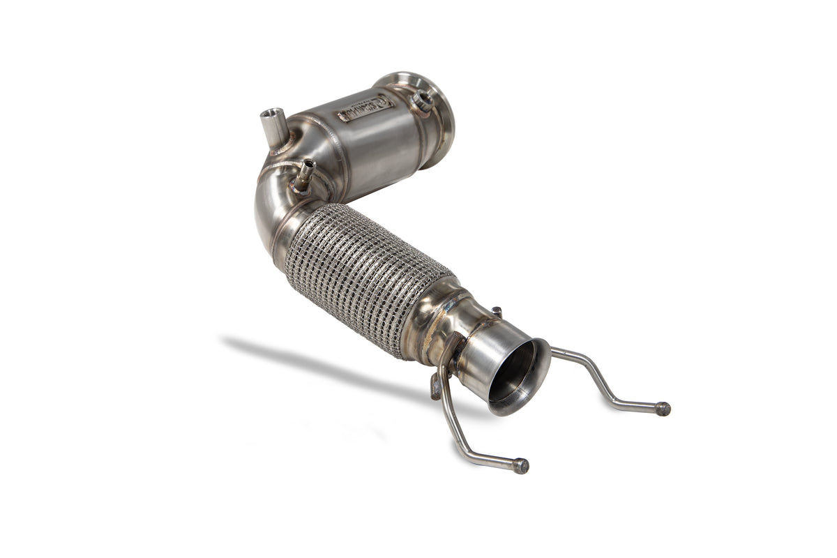 Scorpion BMW M135i xDrive F40 GPF sports cat downpipe with high flow catalyst, showcasing the polished metal and exhaust components.