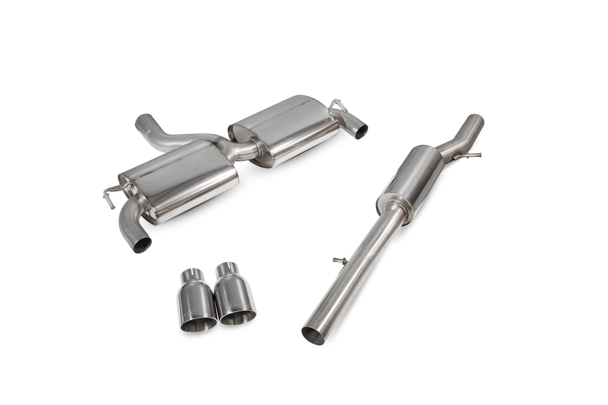 Scorpion Volkswagen Golf Mk4 R32 resonated cat-back exhaust system with polished stainless steel tips and dual outlet design.