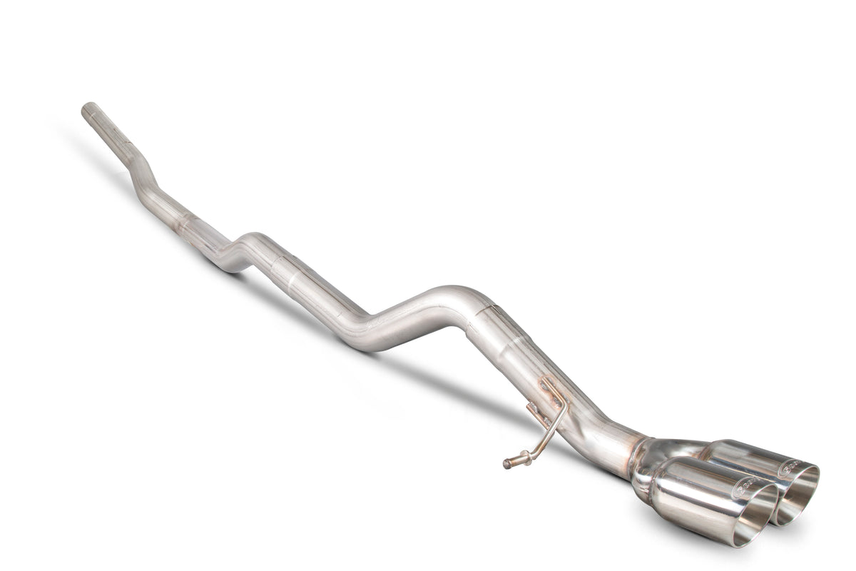 Scorpion Volkswagen Transporter T5 T6 DPF-Back Exhaust System installed on a white VW Transporter van, showcasing the exhaust pipe.