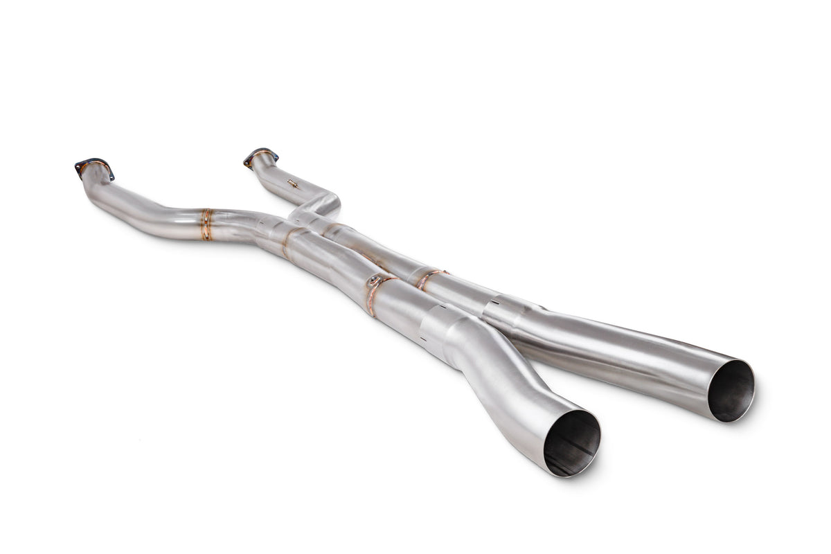 Scorpion BMW M5 G90 G99 GPF Delete Pipe, high-performance exhaust modification, shown installed on a BMW M5 vehicle.